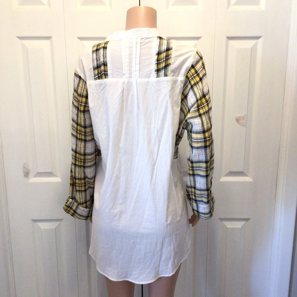 NWOT POL Womens Boho Yellow Plaid Crinkle Button Up Tunic Top Size Large - Picture 5 of 7